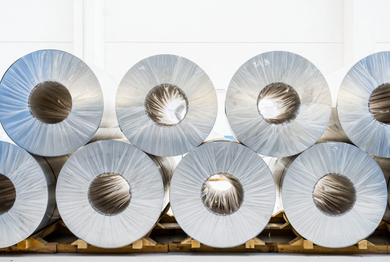 Anodized aluminium coils wrapped and stacked on pallets