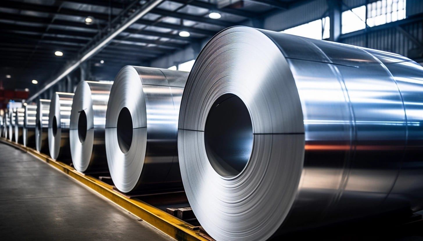 Rows of aluminium coils in the warehouse