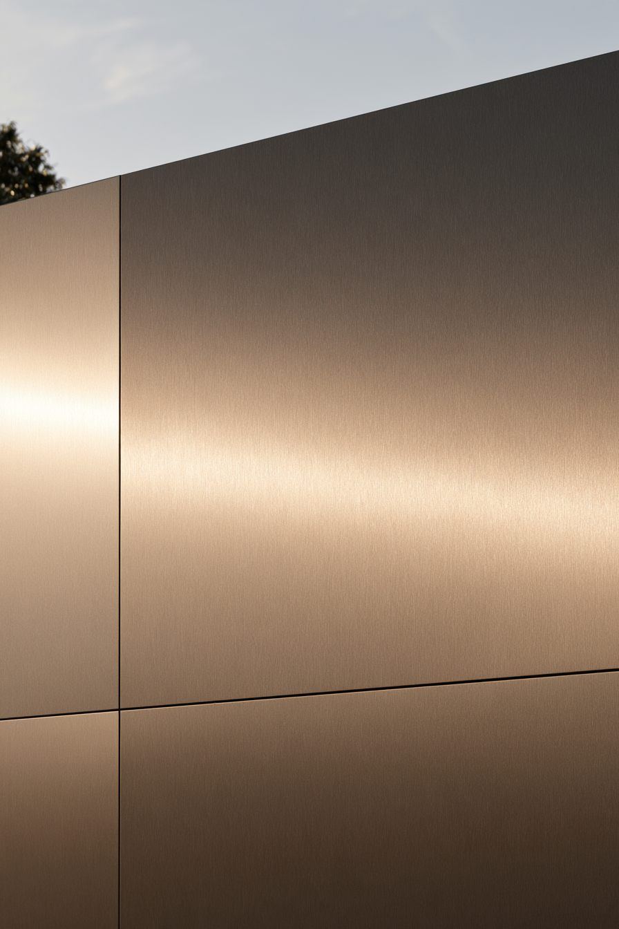 Bronze anodized aluminium panels on a building facade in evening light