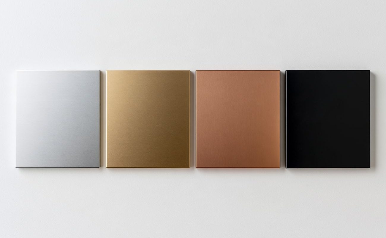 Four anodized aluminium samples in silver, gold, copper and black