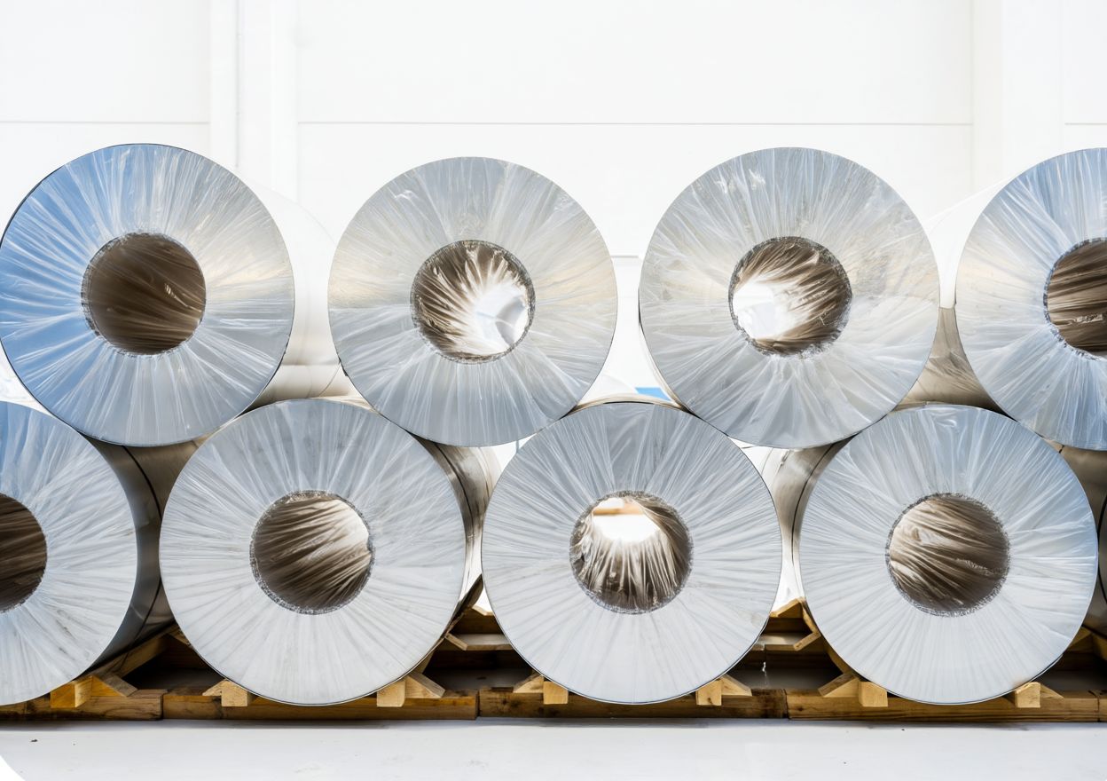 Aluminium coils wrapped and stacked on wooden pallets