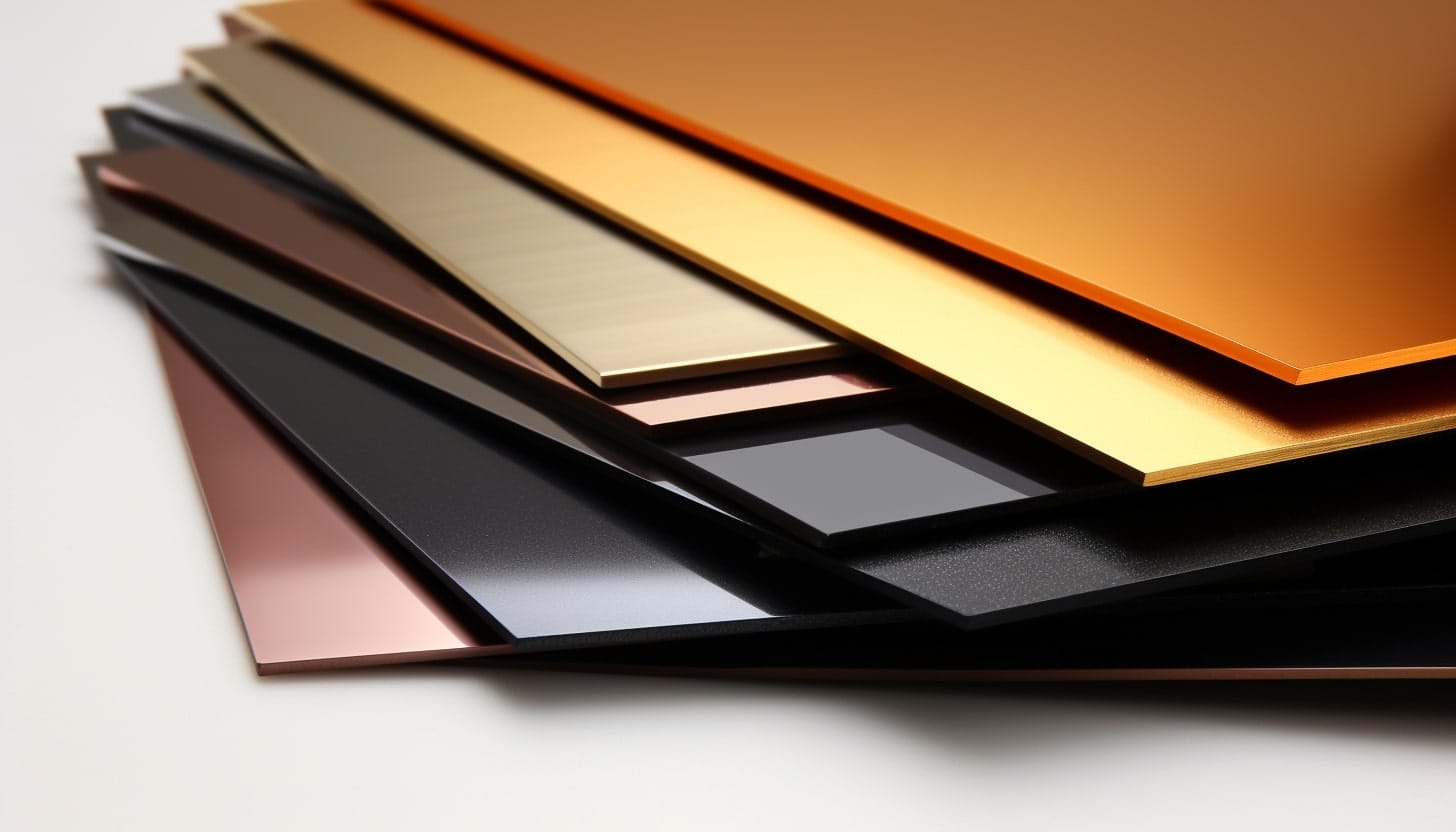 Anodized aluminium sheets fanned out in gold, bronze, copper and black
