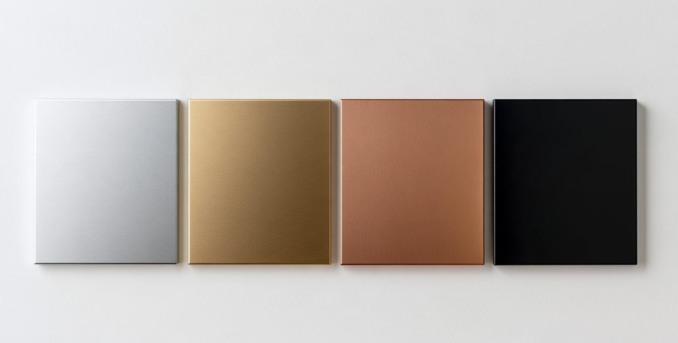 Four anodized aluminium samples in silver, gold, copper and black