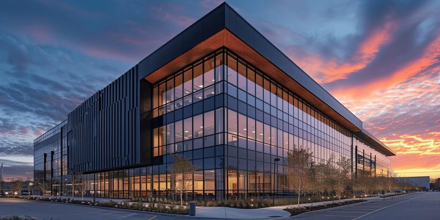 Modern office building with a metal and glass façade at dusk