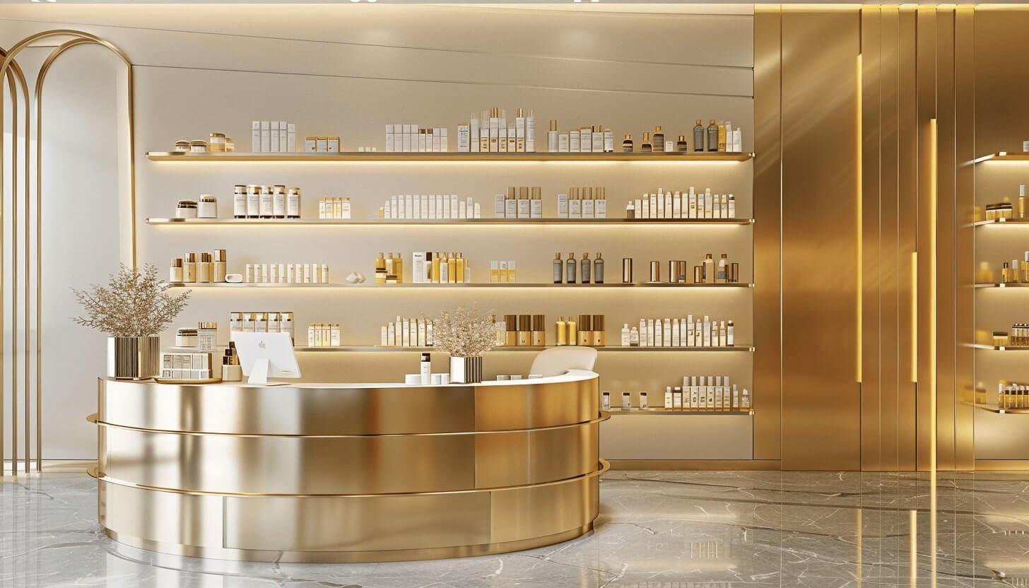 Store interior with gold aluminium shelving and counter