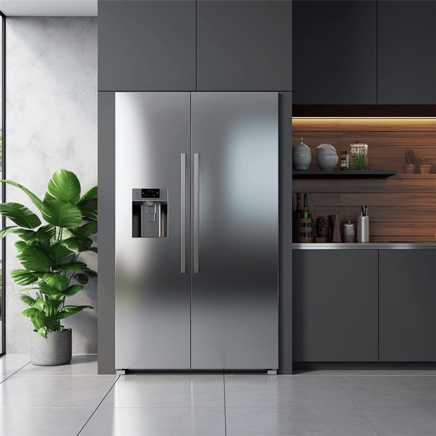 Kitchen with an aluminium-fronted fridge