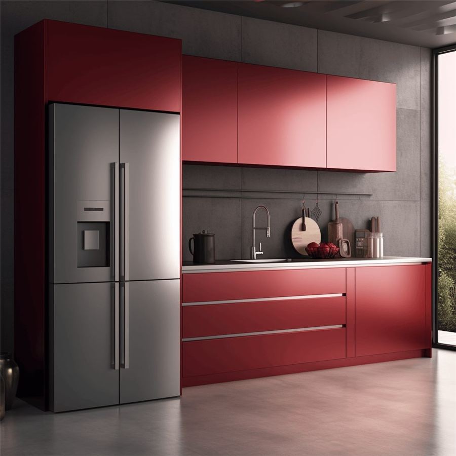 Kitchen with red cabinets and aluminium appliances