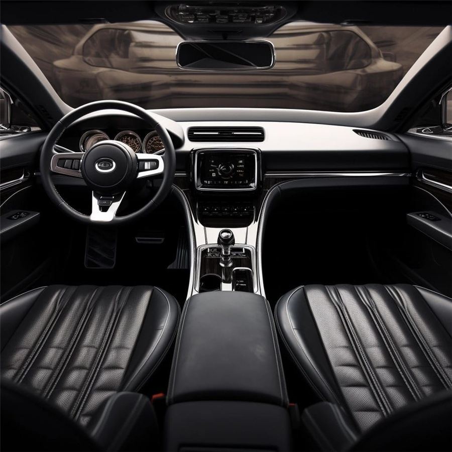 Car dashboard and seats with metal details