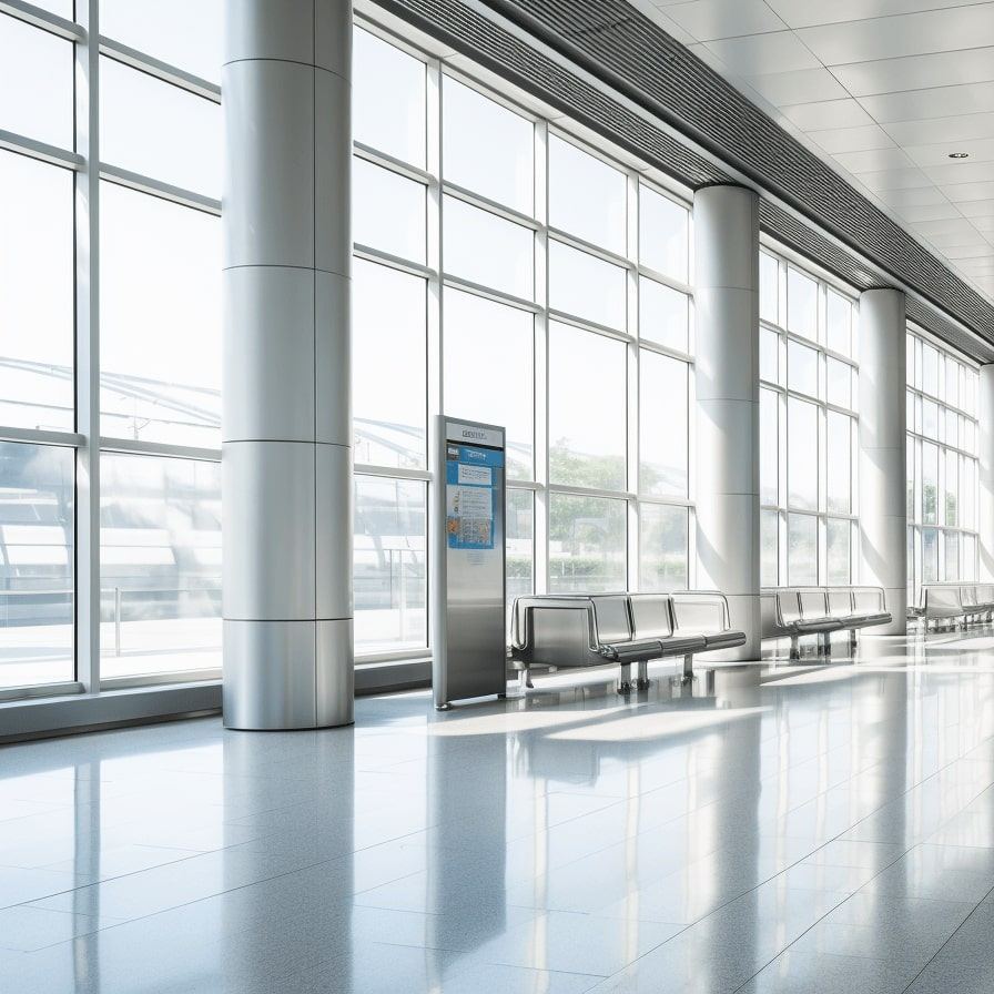 Terminal hall with aluminium column covers