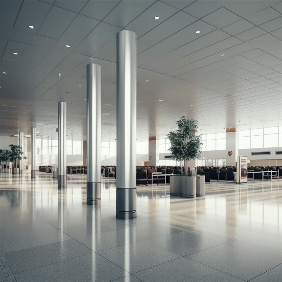 Hall with cylindrical aluminium column cladding