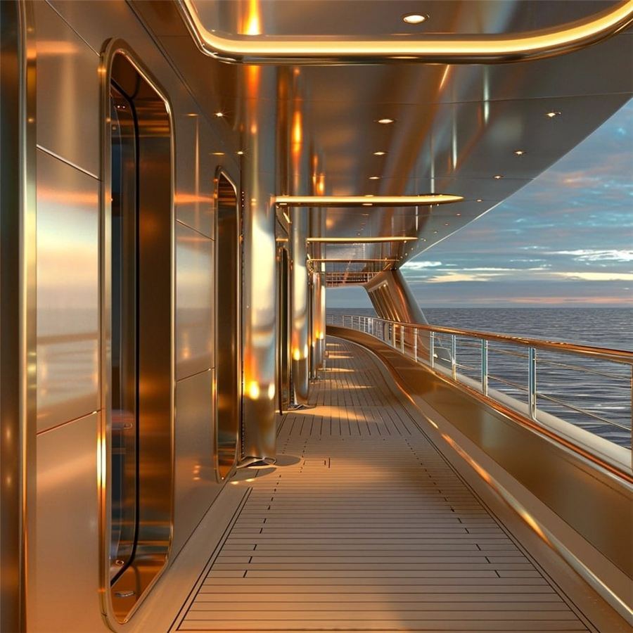 Cruise ship corridor with metal-clad walls