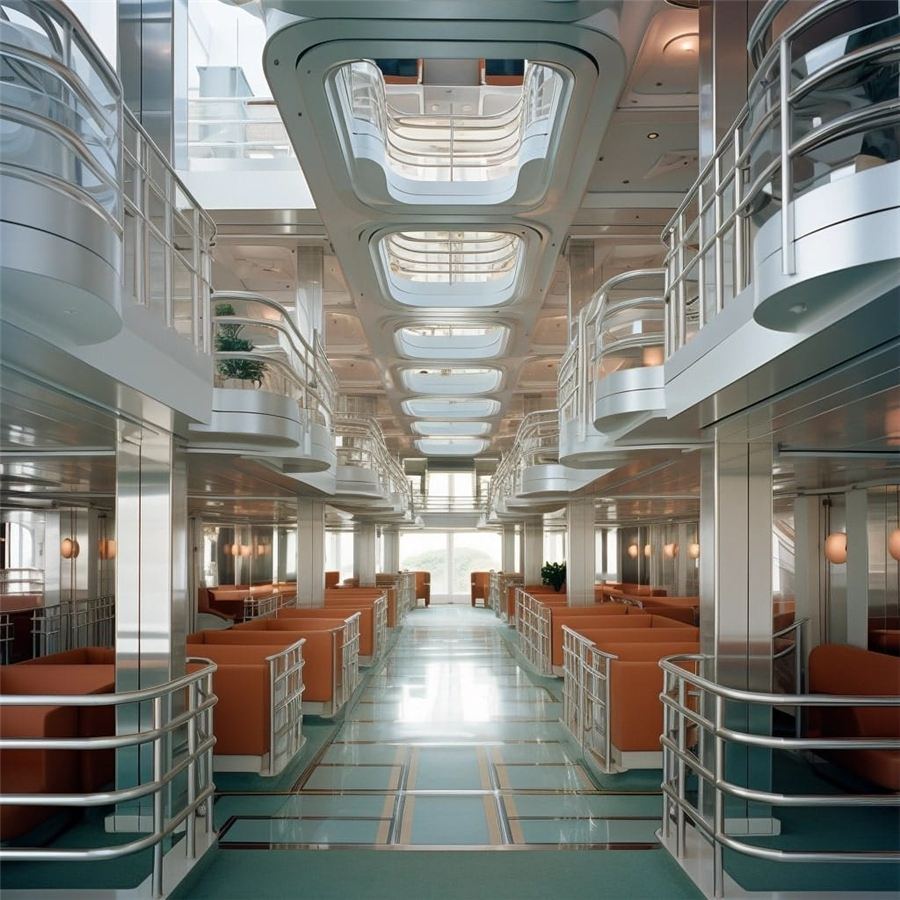 Cruise ship atrium with aluminium surfaces