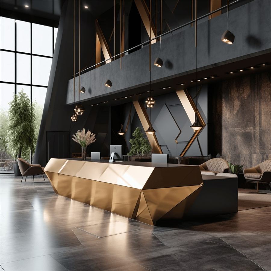 Lobby with a faceted gold aluminium desk