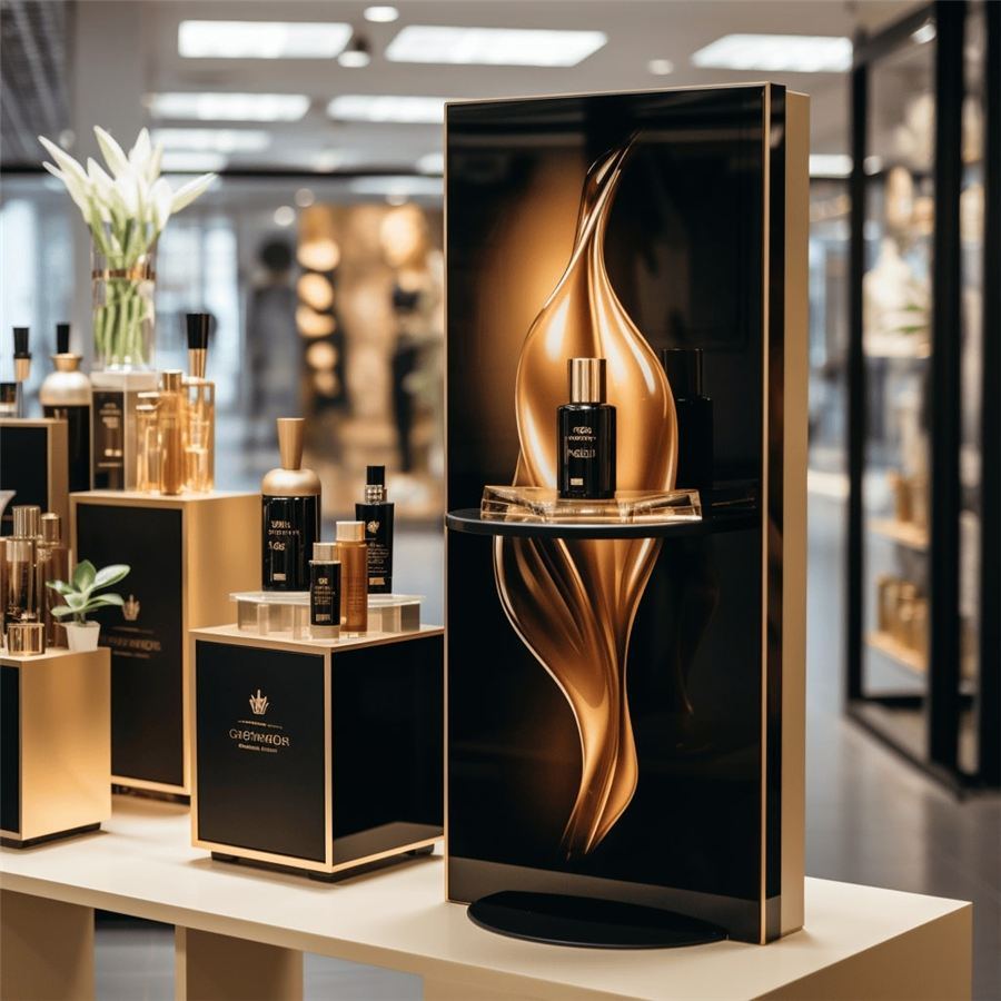 Perfume display with metal fittings
