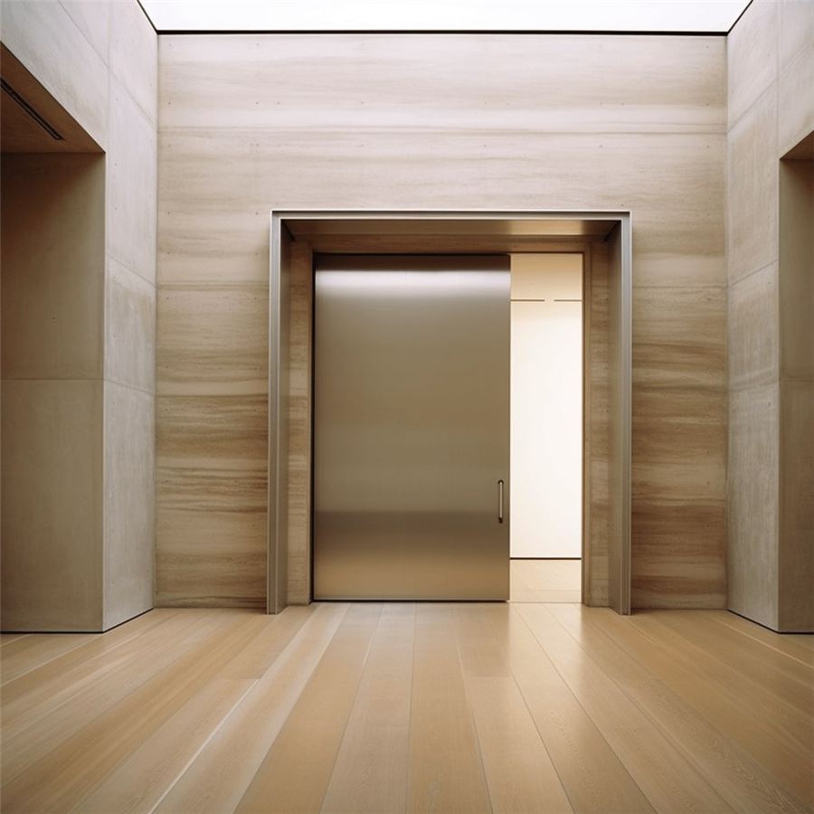 Lift doors clad in laminated aluminium panels