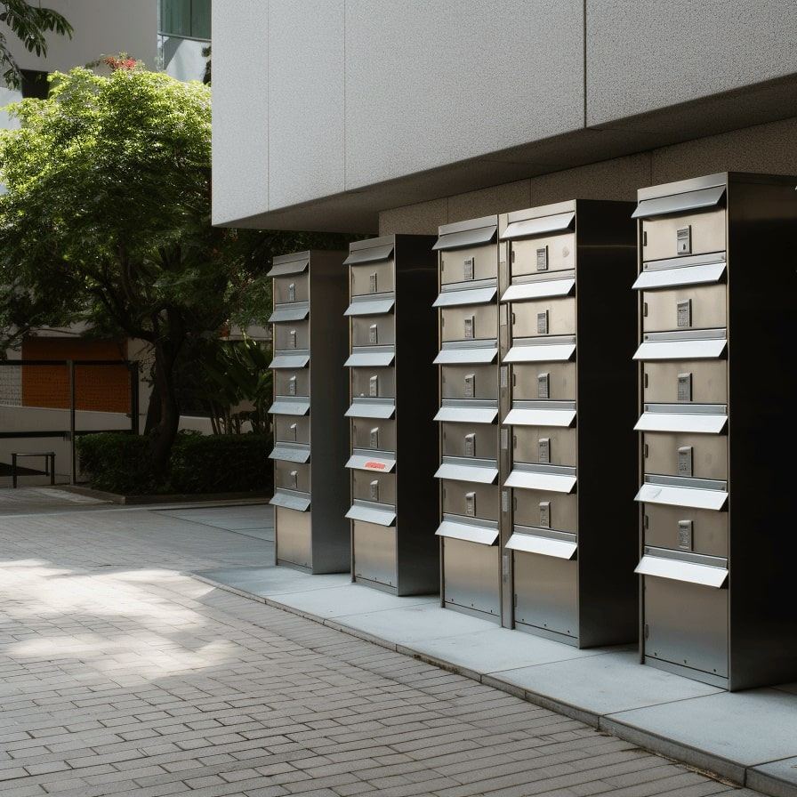 Row of aluminium letterboxes outside a building