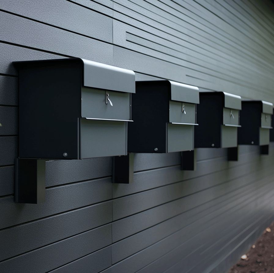Dark aluminium letterboxes on a wall