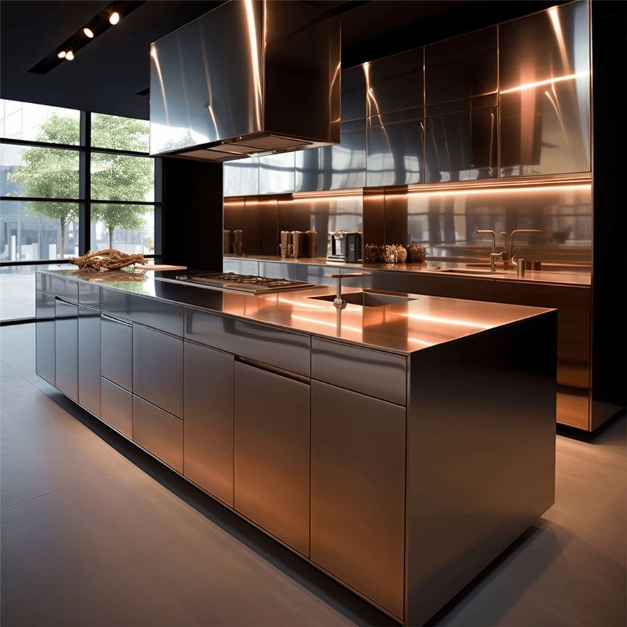 Kitchen with copper-toned aluminium surfaces