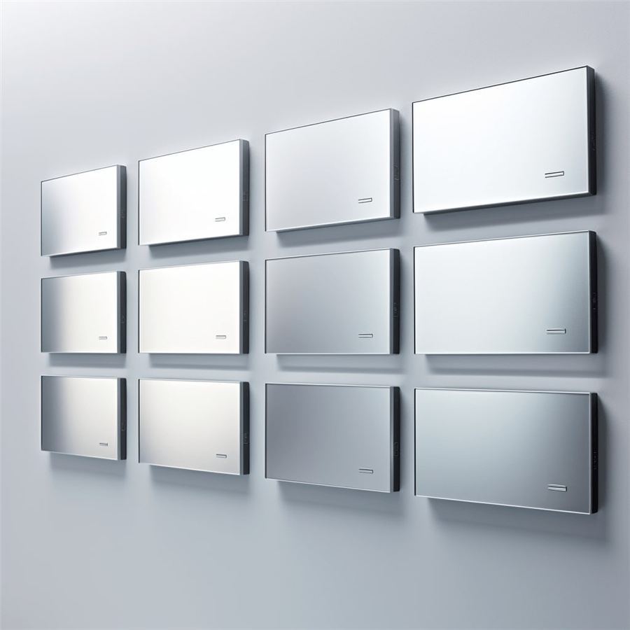 Brushed aluminium signage plates on a wall
