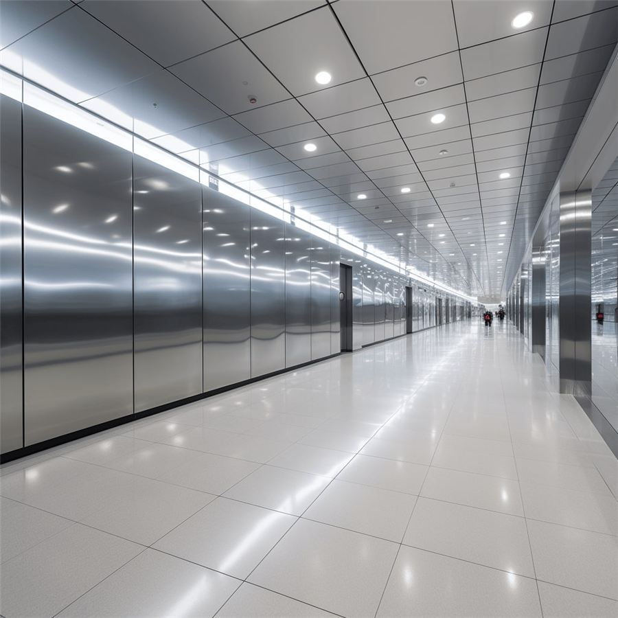 Corridor lined with aluminium panels